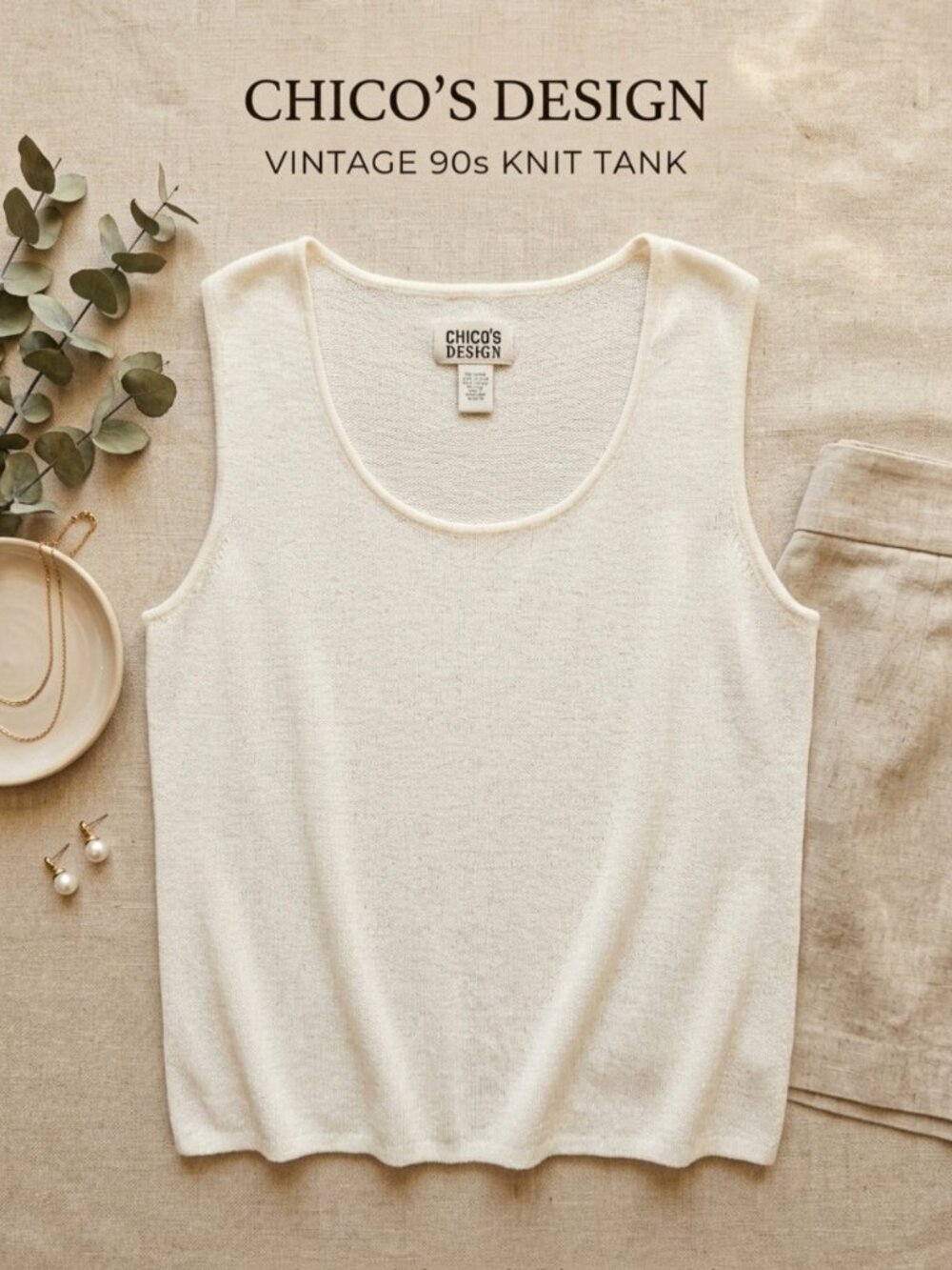 Chico's Design VTG 90's Knit Tank Top Sleeveless Scoop Neck Linen Blend Sz 2